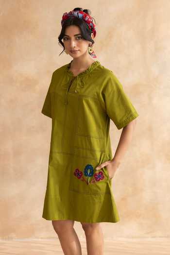 Buy_Moontara_Olive Green Cotton Keyhole Neck Olley Placed Embroidered Dress _Online_at_Aza_Fashions