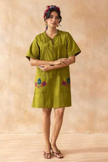 Shop_Moontara_Olive Green Cotton Keyhole Neck Olley Placed Embroidered Dress _Online_at_Aza_Fashions