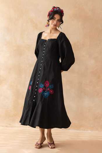 Moontara_Black Cotton Square Neck Midnight Midi Dress _Online_at_Aza_Fashions