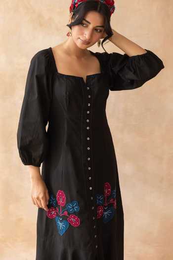 Buy_Moontara_Black Cotton Square Neck Midnight Midi Dress _Online_at_Aza_Fashions