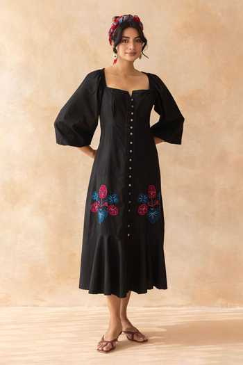 Moontara_Black Cotton Square Neck Midnight Midi Dress _at_Aza_Fashions