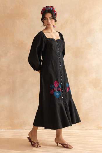Buy_Moontara_Black Cotton Square Neck Midnight Midi Dress 