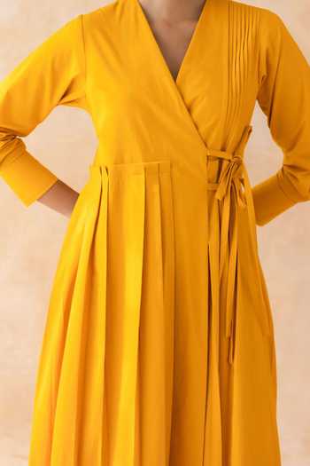 Moontara_Orange Cotton V-neck Clementia Wrap Midi Dress _Online_at_Aza_Fashions