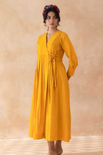 Buy_Moontara_Orange Cotton V-neck Clementia Wrap Midi Dress _Online_at_Aza_Fashions