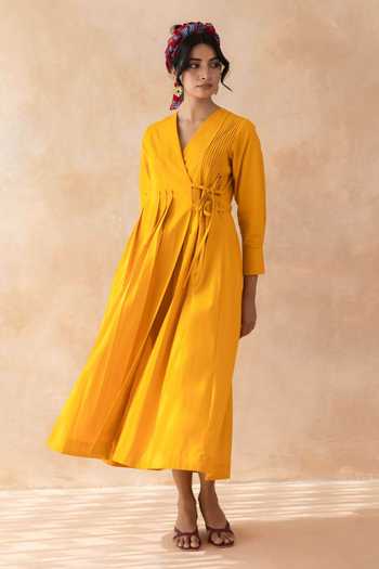 Shop_Moontara_Orange Cotton V-neck Clementia Wrap Midi Dress _Online_at_Aza_Fashions
