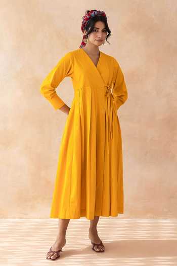Moontara_Orange Cotton V-neck Clementia Wrap Midi Dress _at_Aza_Fashions