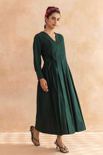 Shop_Moontara_Green Cotton V-neck Mossie Wrap Midi Dress _Online_at_Aza_Fashions