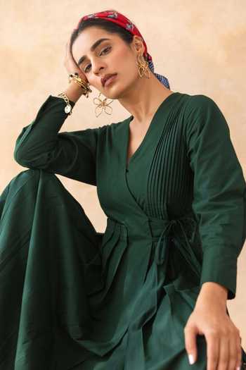 Moontara_Green Cotton V-neck Mossie Wrap Midi Dress _at_Aza_Fashions