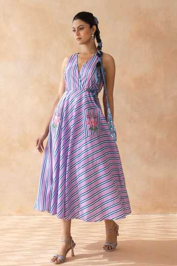 Moontara_Purple Cotton V-neck Lileth Midi Dress _Online_at_Aza_Fashions