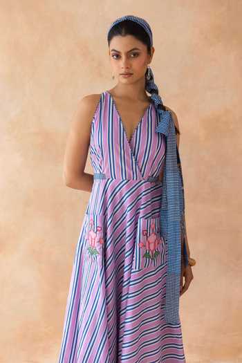 Buy_Moontara_Purple Cotton V-neck Lileth Midi Dress _Online_at_Aza_Fashions