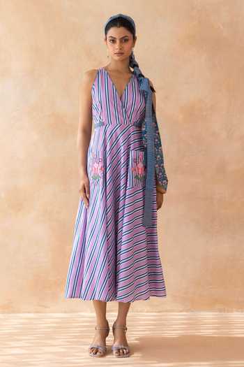 Shop_Moontara_Purple Cotton V-neck Lileth Midi Dress _Online_at_Aza_Fashions