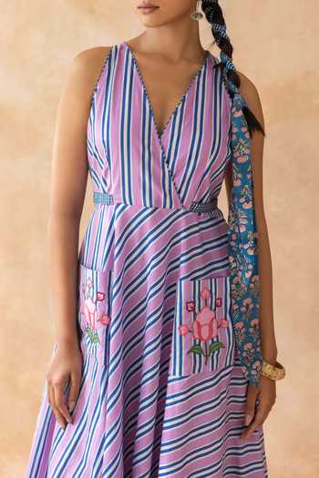 Moontara_Purple Cotton V-neck Lileth Midi Dress _at_Aza_Fashions