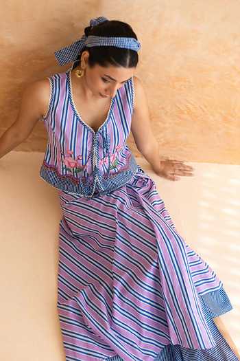 Moontara_Purple Cotton V-neck Viola Stripe Pattern Top With Skirt _Online_at_Aza_Fashions
