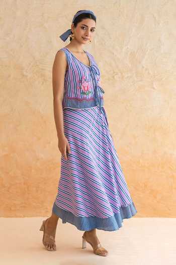 Buy_Moontara_Purple Cotton V-neck Viola Stripe Pattern Top With Skirt _Online_at_Aza_Fashions