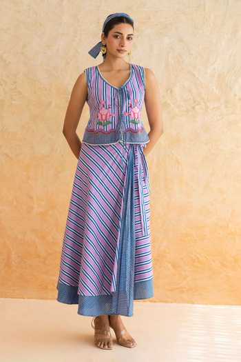 Shop_Moontara_Purple Cotton V-neck Viola Stripe Pattern Top With Skirt _Online_at_Aza_Fashions