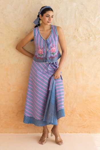 Moontara Viola Stripe Pattern Top With Skirt 