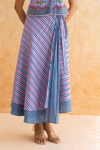 Moontara_Purple Cotton V-neck Viola Stripe Pattern Top With Skirt _at_Aza_Fashions