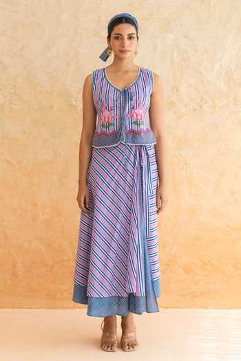 Shop_Moontara_Purple Cotton V-neck Viola Stripe Pattern Top With Skirt 