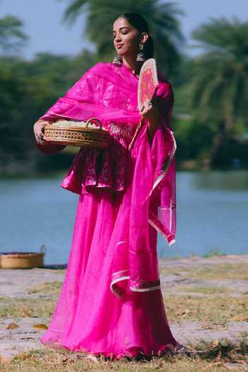 Buy_Mirasa_Pink Silk, Organza, Chanderi Isharya Pure Kurta Set 