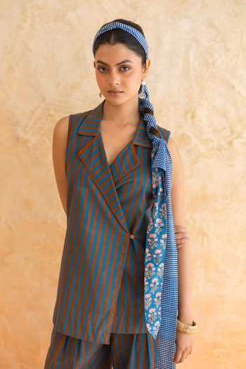 Shop_Moontara_Teal Cotton V-neck, Collared Dune Stripe Pattern Top With Pant _Online_at_Aza_Fashions