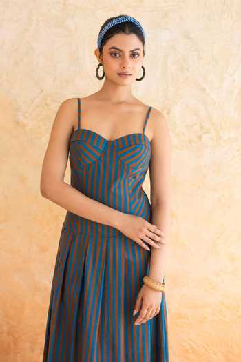 Moontara_Brown Cotton Sweetheart Neck Linea Stripe Pattern Dress _Online_at_Aza_Fashions