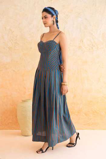 Buy_Moontara_Brown Cotton Sweetheart Neck Linea Stripe Pattern Dress _Online_at_Aza_Fashions