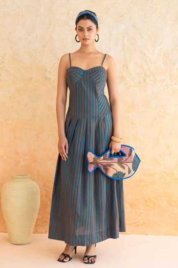 Shop_Moontara_Brown Cotton Sweetheart Neck Linea Stripe Pattern Dress _Online_at_Aza_Fashions