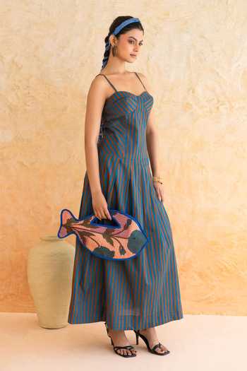 Moontara_Brown Cotton Sweetheart Neck Linea Stripe Pattern Dress _at_Aza_Fashions