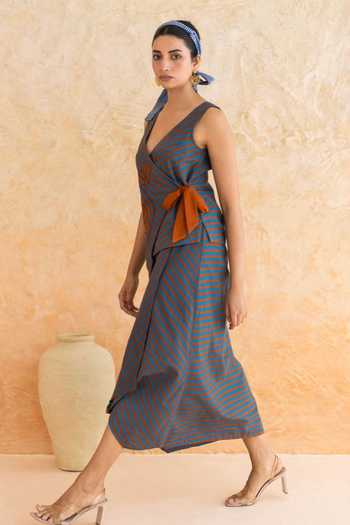 Moontara_Teal Cotton V-neck Alora Stripe Pattern Top With Skirt _Online_at_Aza_Fashions
