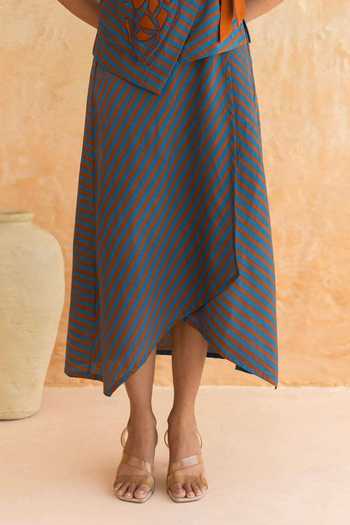 Buy_Moontara_Teal Cotton V-neck Alora Stripe Pattern Top With Skirt _Online_at_Aza_Fashions