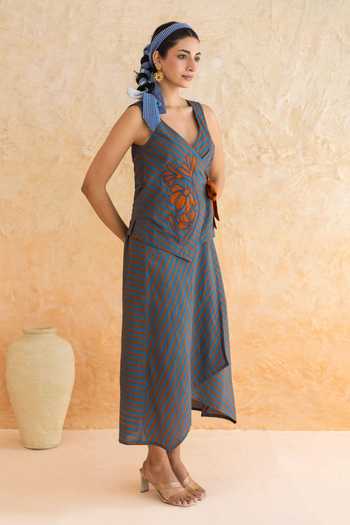 Shop_Moontara_Teal Cotton V-neck Alora Stripe Pattern Top With Skirt _Online_at_Aza_Fashions