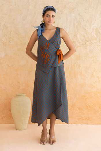 Moontara_Teal Cotton V-neck Alora Stripe Pattern Top With Skirt _at_Aza_Fashions