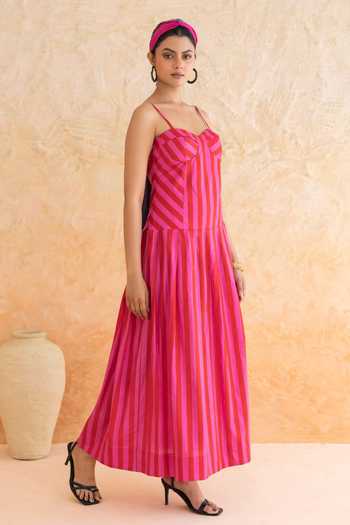 Moontara_Pink Cotton Sweetheart Neck Scarlett Stripe Pattern Dress _Online_at_Aza_Fashions