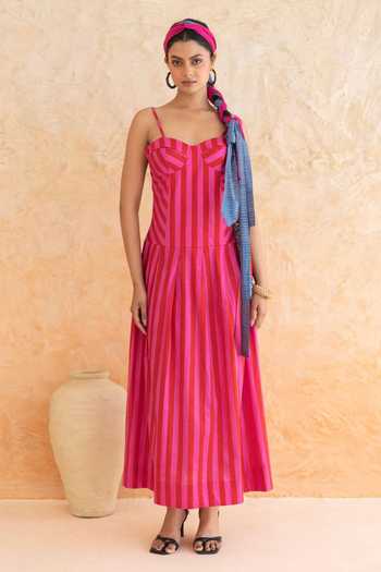 Buy_Moontara_Pink Cotton Sweetheart Neck Scarlett Stripe Pattern Dress _Online_at_Aza_Fashions