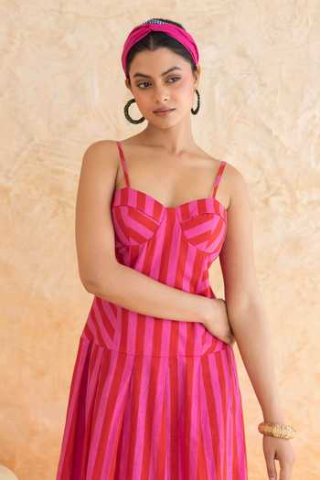 Shop_Moontara_Pink Cotton Sweetheart Neck Scarlett Stripe Pattern Dress _Online_at_Aza_Fashions