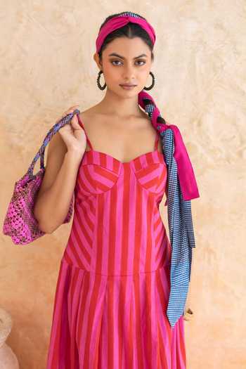 Moontara_Pink Cotton Sweetheart Neck Scarlett Stripe Pattern Dress _at_Aza_Fashions