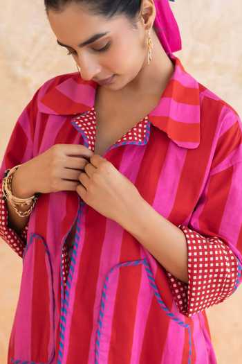 Moontara_Red Cotton Open Neck Fiora Stripe Pattern Jacket And Pant Set _Online_at_Aza_Fashions