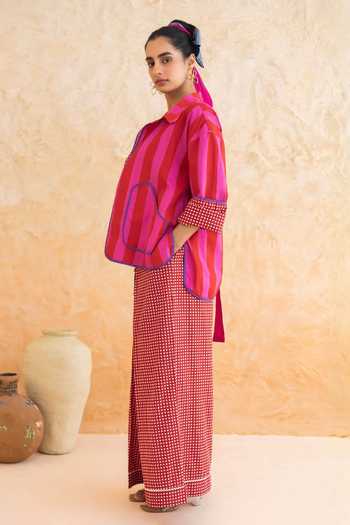 Buy_Moontara_Red Cotton Open Neck Fiora Stripe Pattern Jacket And Pant Set _Online_at_Aza_Fashions