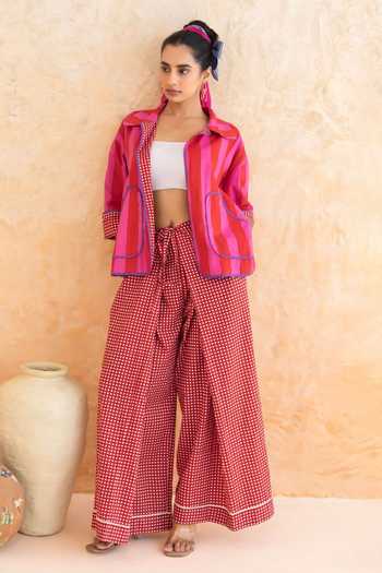 Shop_Moontara_Red Cotton Open Neck Fiora Stripe Pattern Jacket And Pant Set _Online_at_Aza_Fashions