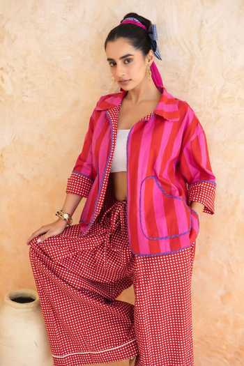 Moontara_Red Cotton Open Neck Fiora Stripe Pattern Jacket And Pant Set _at_Aza_Fashions