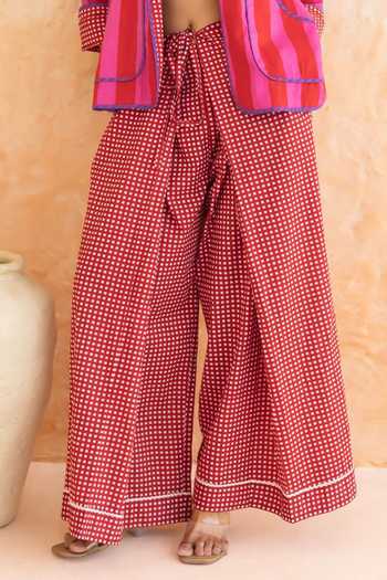 Shop_Moontara_Red Cotton Open Neck Fiora Stripe Pattern Jacket And Pant Set 