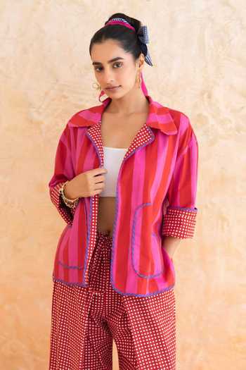 Shop_Moontara_Red Cotton Collared, Open Neck Fiora Striped Jacket _Online_at_Aza_Fashions