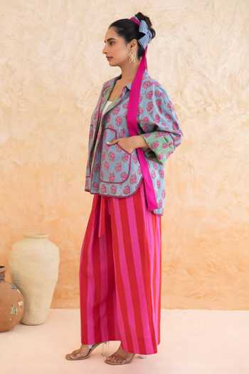 Buy_Moontara_Aqua Cotton Collared Aquella Floral Print Jacket Pant Set _Online_at_Aza_Fashions
