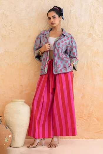 Shop_Moontara_Aqua Cotton Collared Aquella Floral Print Jacket Pant Set _Online_at_Aza_Fashions