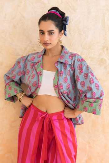 Moontara_Aqua Cotton Collared Aquella Floral Print Jacket Pant Set _at_Aza_Fashions