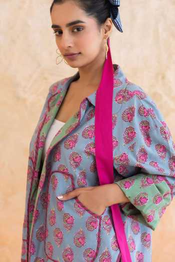 Buy_Moontara_Aqua Cotton Collared Aquella Floral Print Jacket Pant Set 