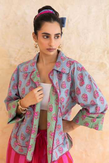 Shop_Moontara_Aqua Cotton Collared Aquella Floral Print Jacket Pant Set 