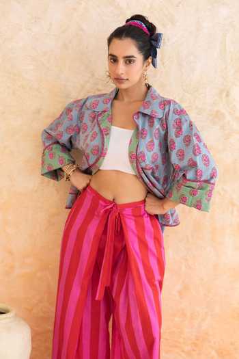 Moontara_Blue Cotton Collared Aquella Floral Print Jacket _Online_at_Aza_Fashions
