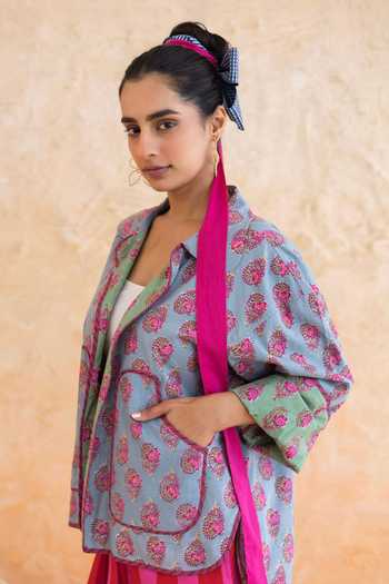 Buy_Moontara_Blue Cotton Collared Aquella Floral Print Jacket _Online_at_Aza_Fashions