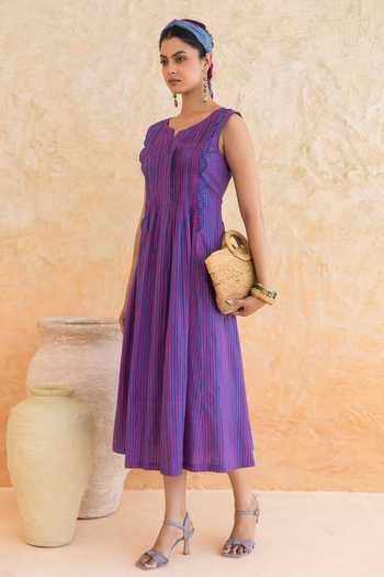 Moontara_Blue Cotton Split V-neck Marina Midi Dress _Online_at_Aza_Fashions